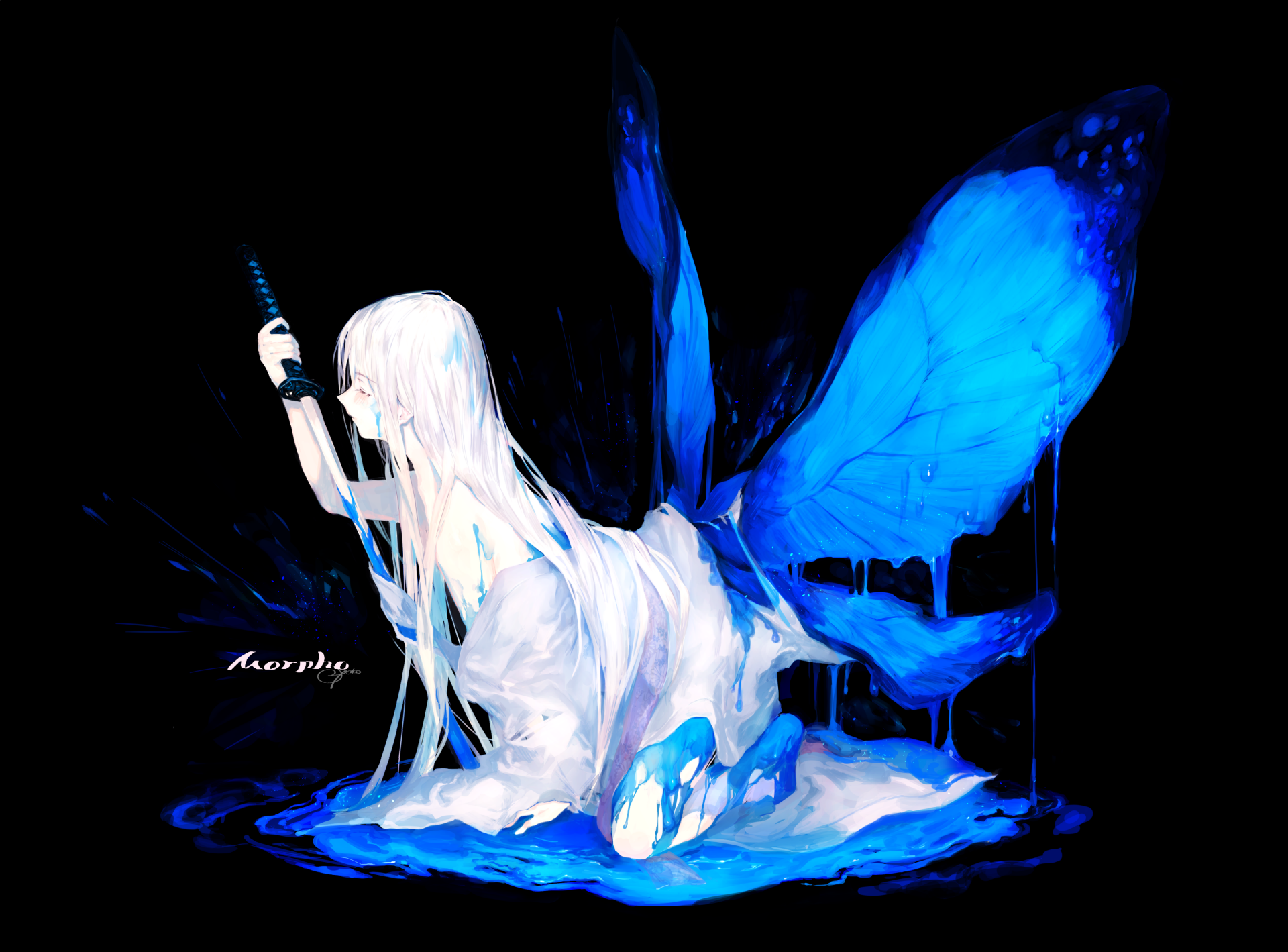 Anime original 4K Ultra HD PC desktop wallpaper: a pale, long-haired girl dissolving into vivid blue butterfly wings and dripping paint on black.