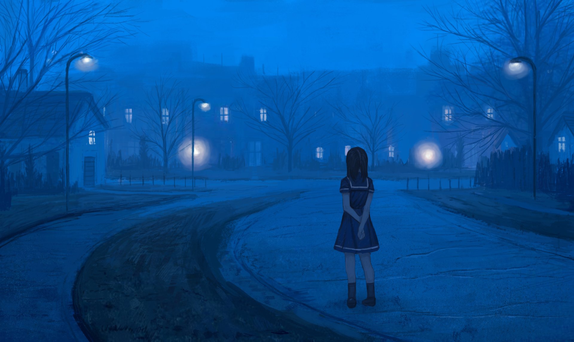 An anime-style original HD desktop wallpaper depicting a lone girl standing on a dimly lit street at night, surrounded by houses and bare trees in a quiet neighborhood.