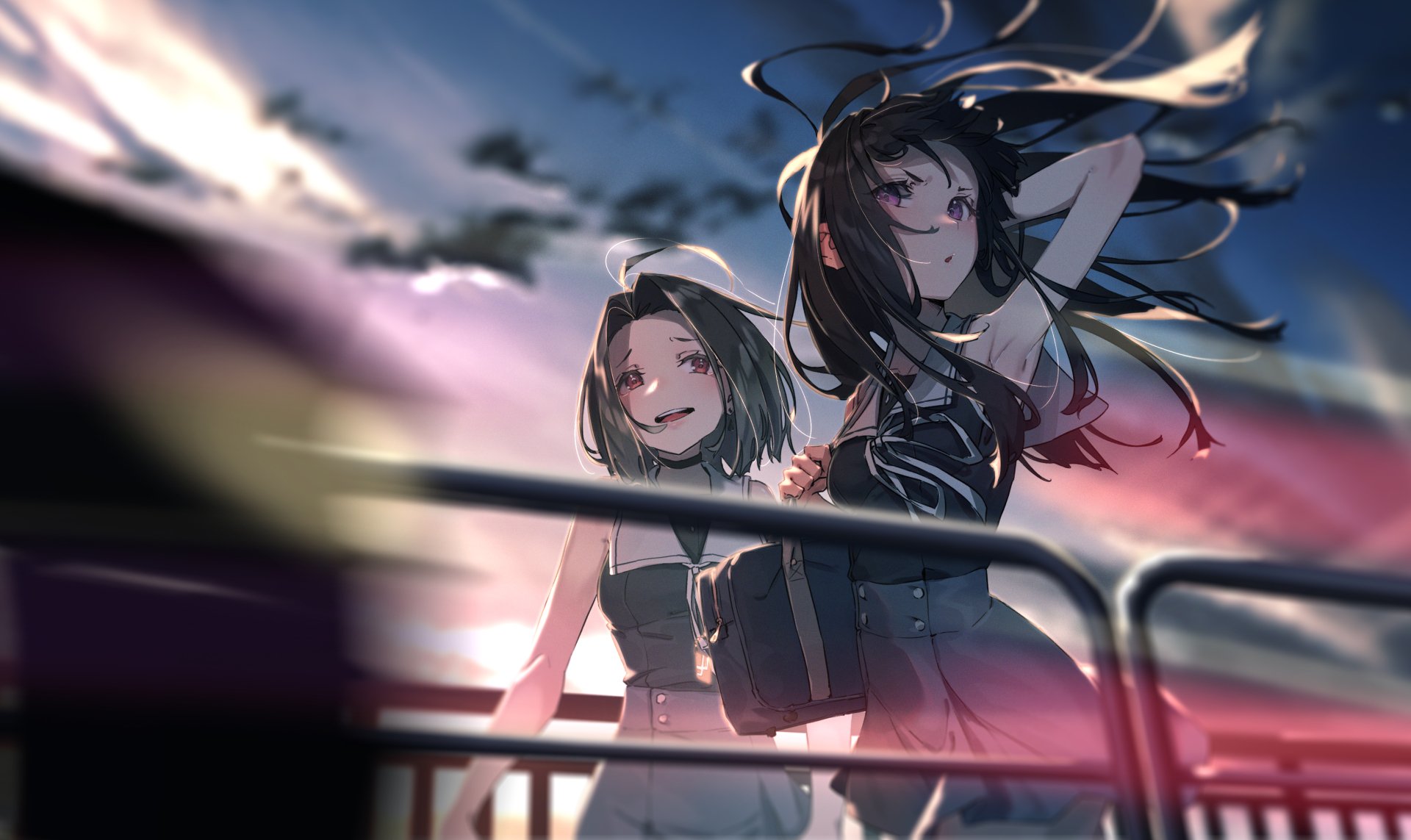 Anime-style artwork of two girls with flowing hair standing on a railing against a dynamic, colorful sky, captured in 4K Ultra HD for PC desktop wallpaper and background.