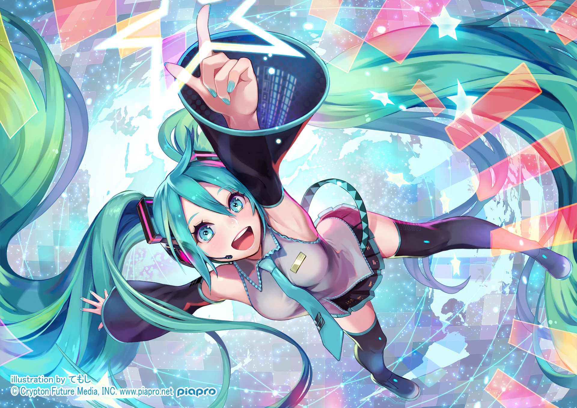 HD wallpaper featuring Hatsune Miku, an anime-inspired Vocaloid character, with vivid colors and dynamic movement, creating an energetic and lively background.