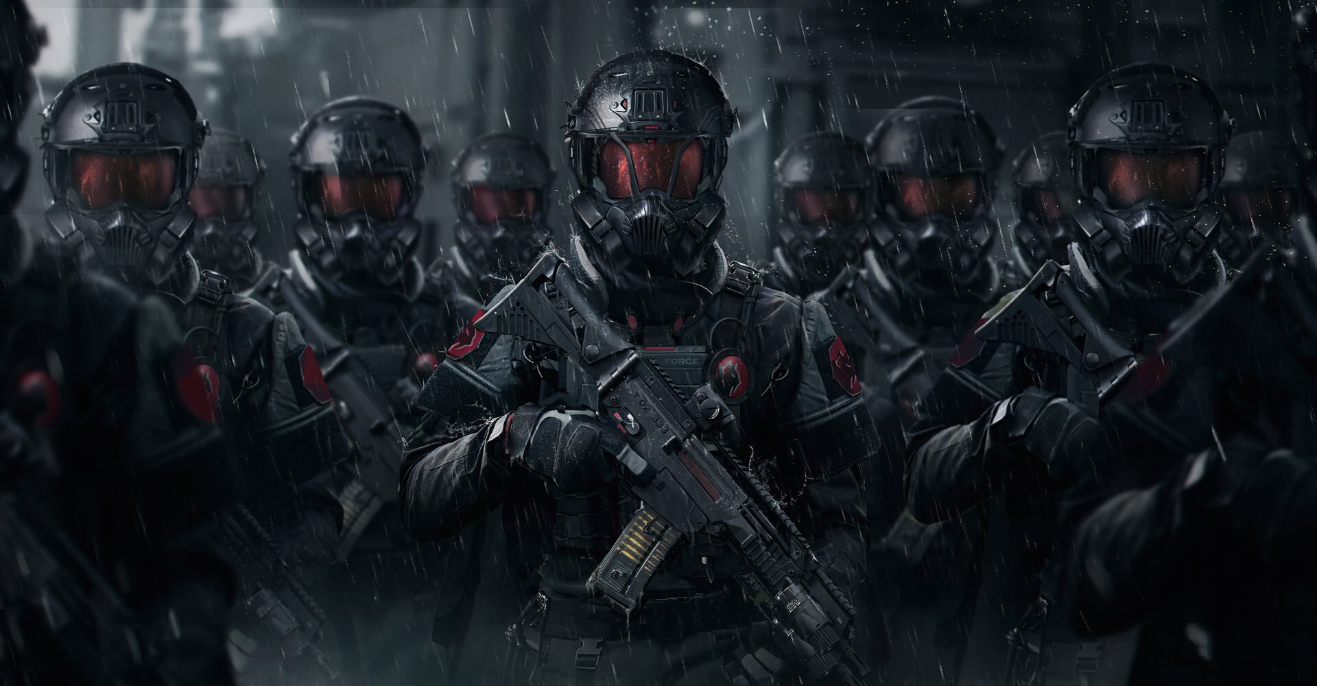 A high-definition desktop wallpaper featuring sci-fi warriors in helmets and armed with weapons, standing in formation under a dark, rainy atmosphere.