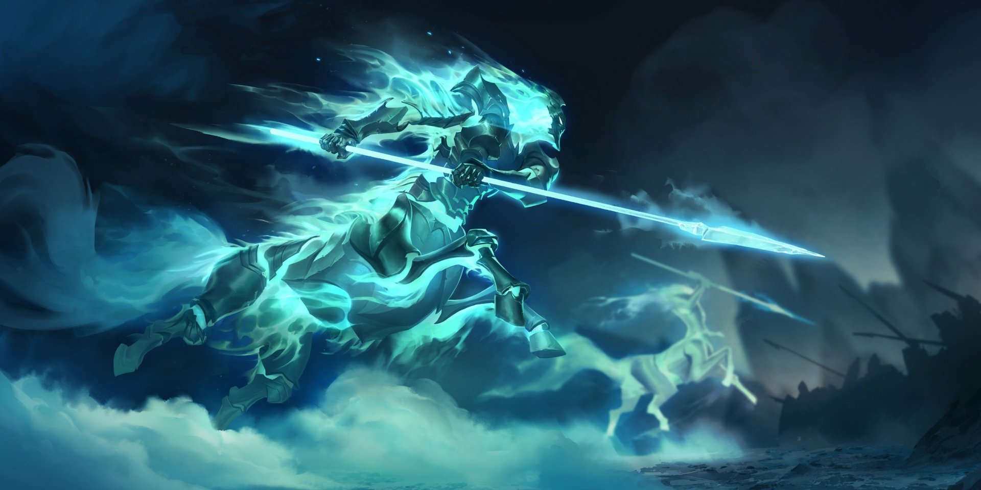 Spectral armored rider brandishing a glowing spear, charging through storm clouds — video game Legends of Runeterra HD PC desktop wallpaper/background.