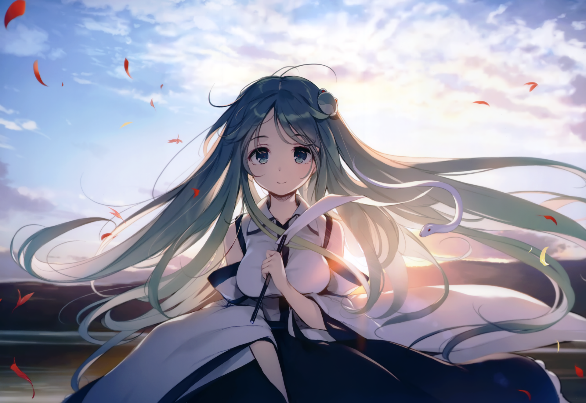 Sanae Kochiya (Touhou) anime 4K Ultra HD PC desktop wallpaper: long green hair flowing, hands clasped at her chest, warm sunset sky and drifting petals behind her.