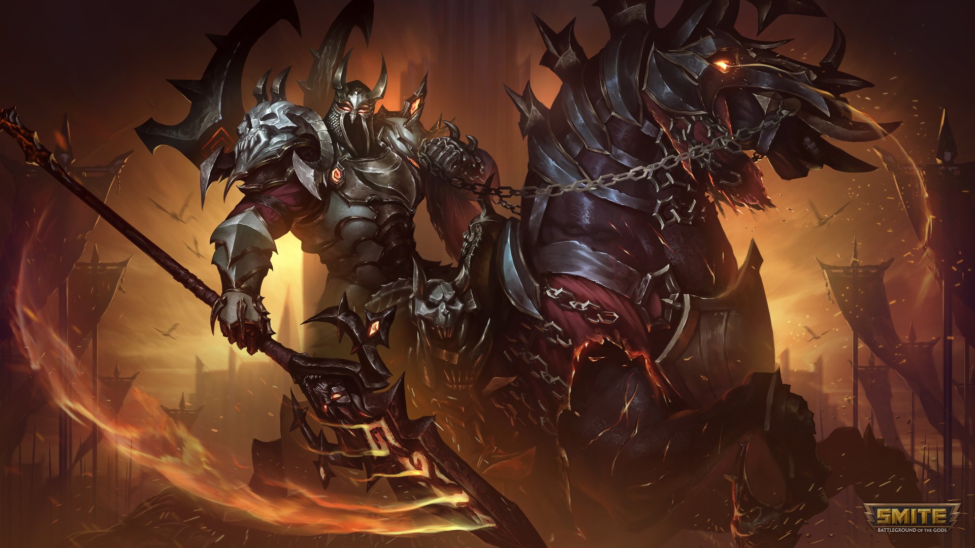 4K Ultra HD PC wallpaper featuring Guan Yu from the video game Smite, depicted as a dark, armored warrior on a menacing armored horse in an intense battlefield setting.