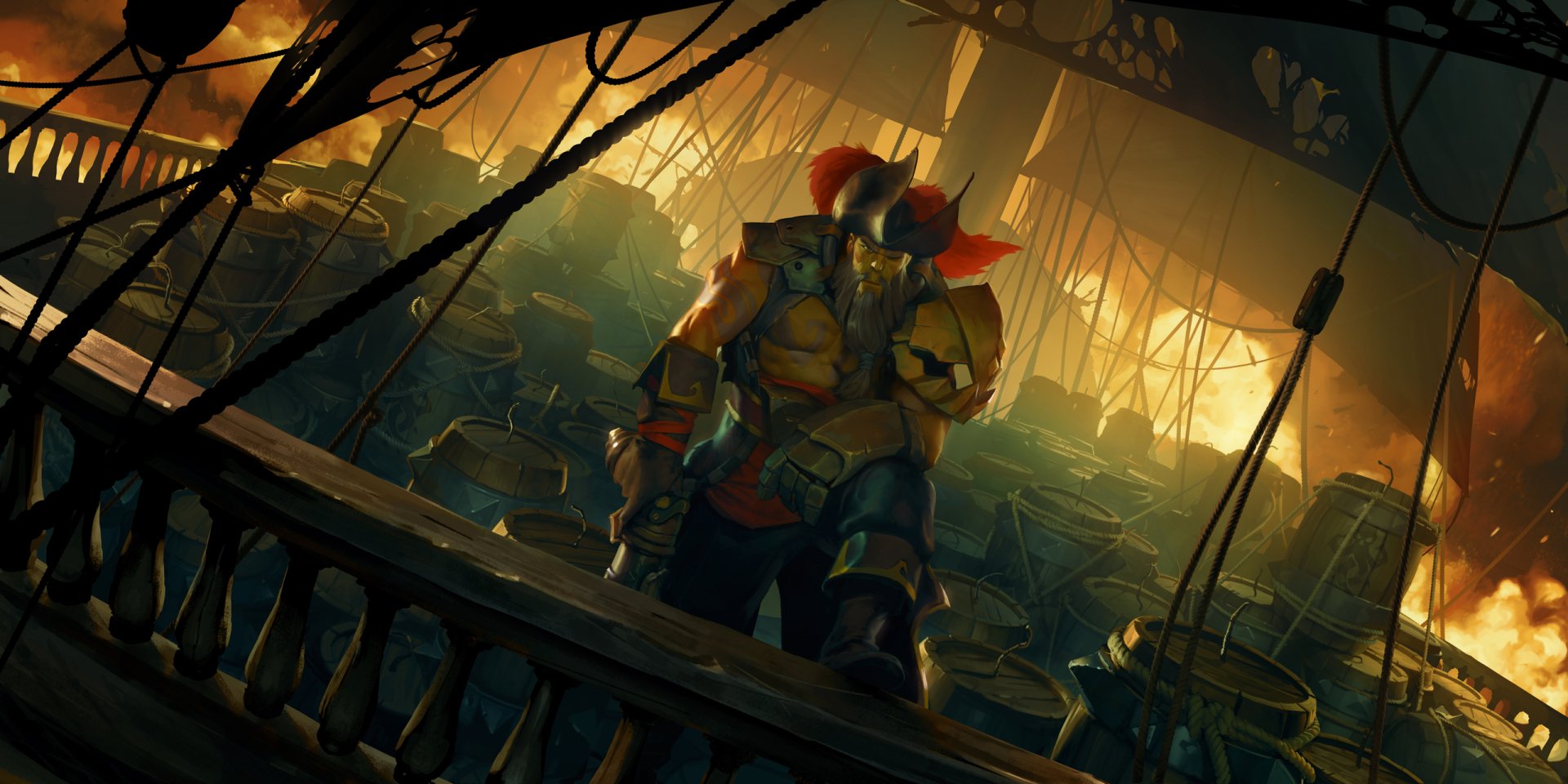HD PC desktop wallpaper of Gangplank (League of Legends): a pirate captain on a wrecked ship, cinematic Legends of Runeterra video game artwork.