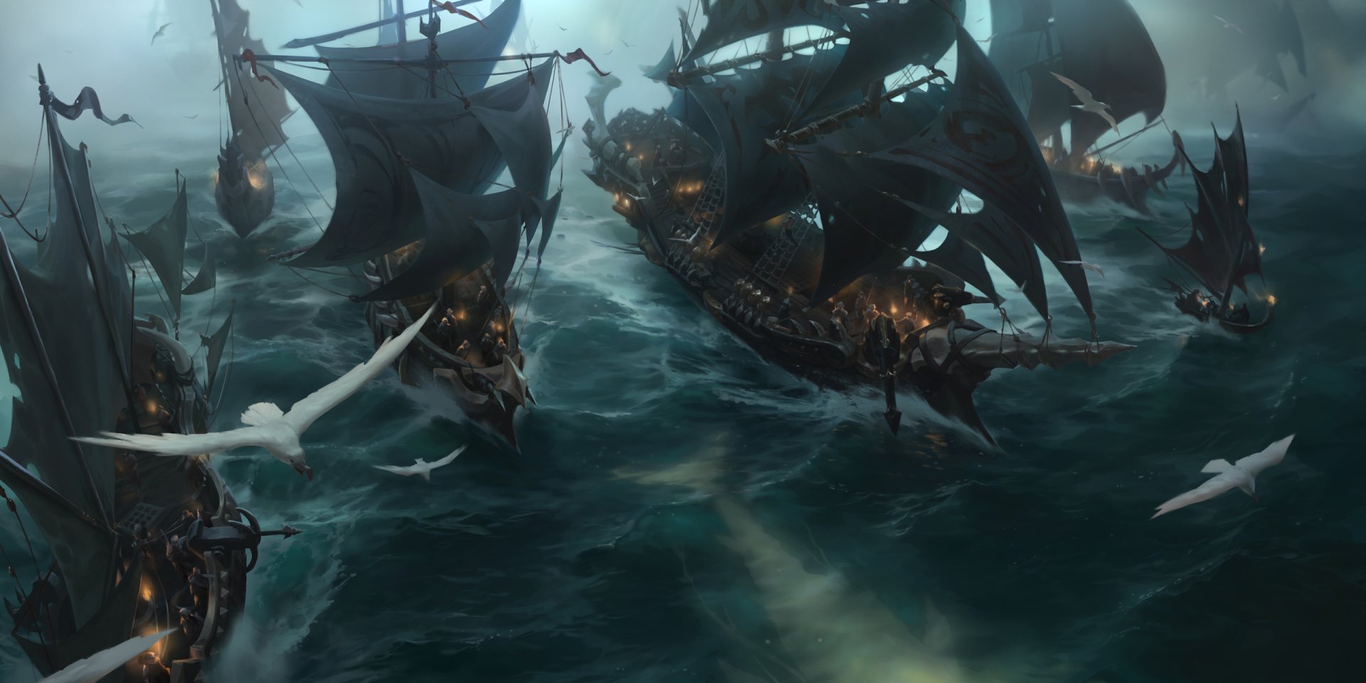 HD PC desktop wallpaper featuring dark, menacing ships from Bilgewater in League of Legends and Legends of Runeterra, sailing through turbulent seas under a moody sky.