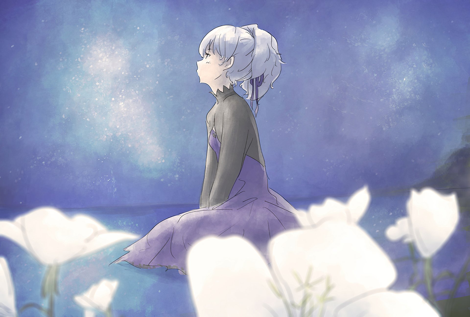 HD PC desktop wallpaper of Yin (Darker than Black) — anime of her in a purple dress, white hair, seated among white flowers under a starry blue-purple sky.