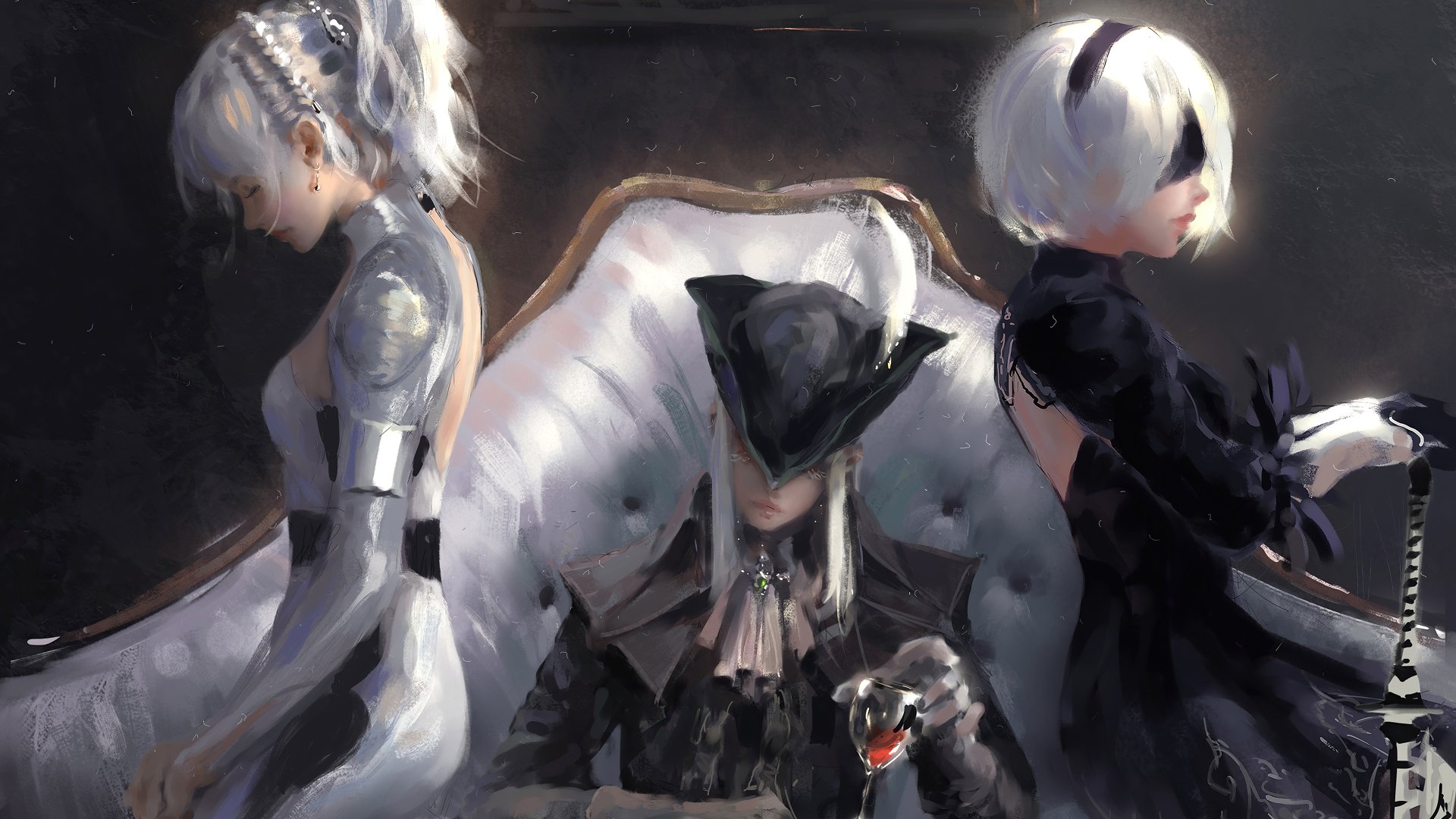 4K Ultra HD PC wallpaper featuring Lady Maria from Bloodborne, Luna from Final Fantasy XV, and YoRHa No.2 Type B from NieR: Automata in a dynamic video game crossover.
