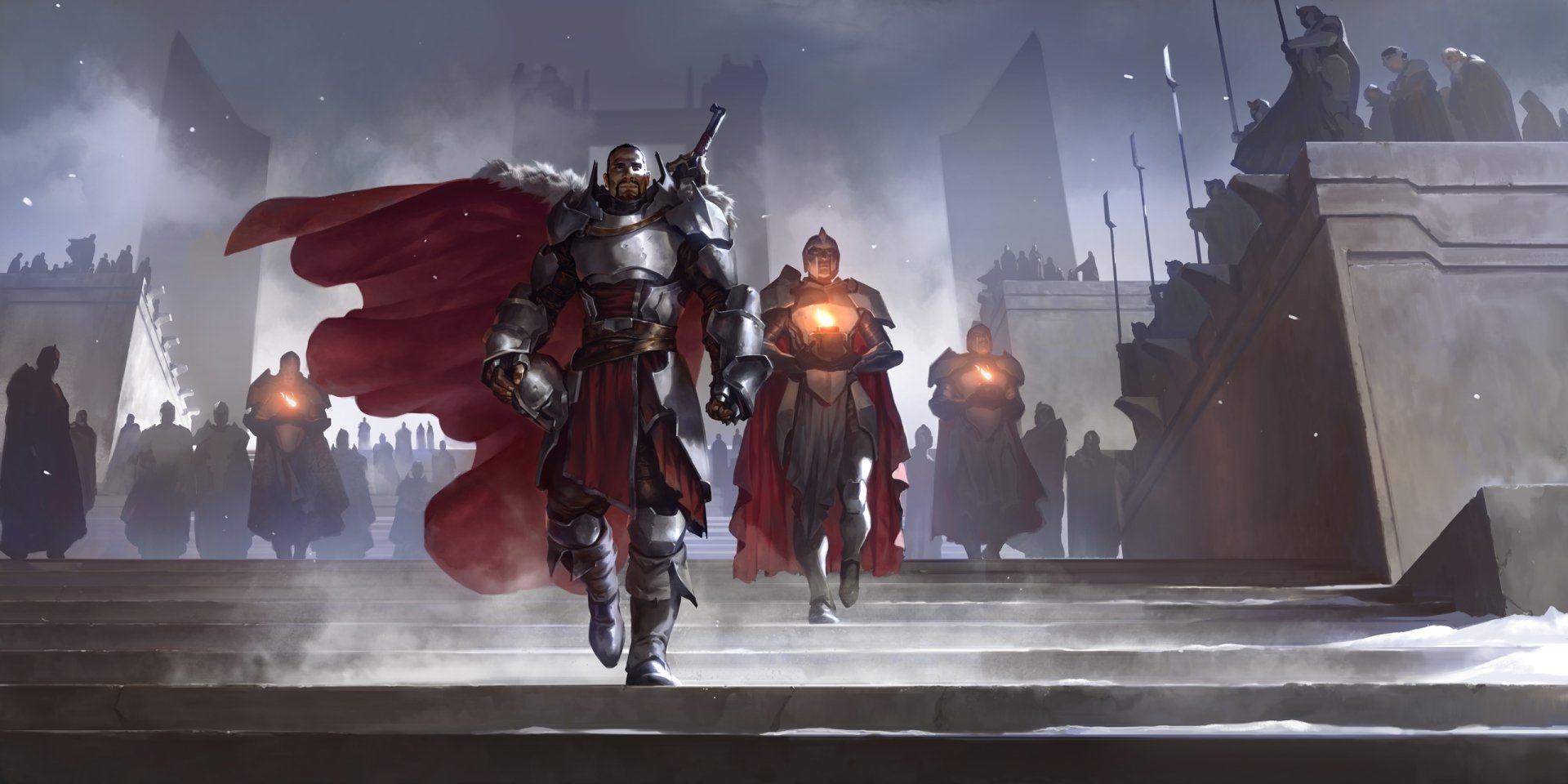 Legends of Runeterra video game HD PC wallpaper: armored knights in red cloaks carrying torches march down misty palace steps.
