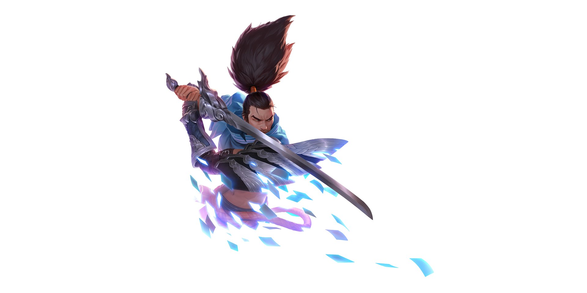 HD PC wallpaper of Yasuo (League of Legends, Legends of Runeterra) lunging with sword as blue wind blades scatter across a white background.