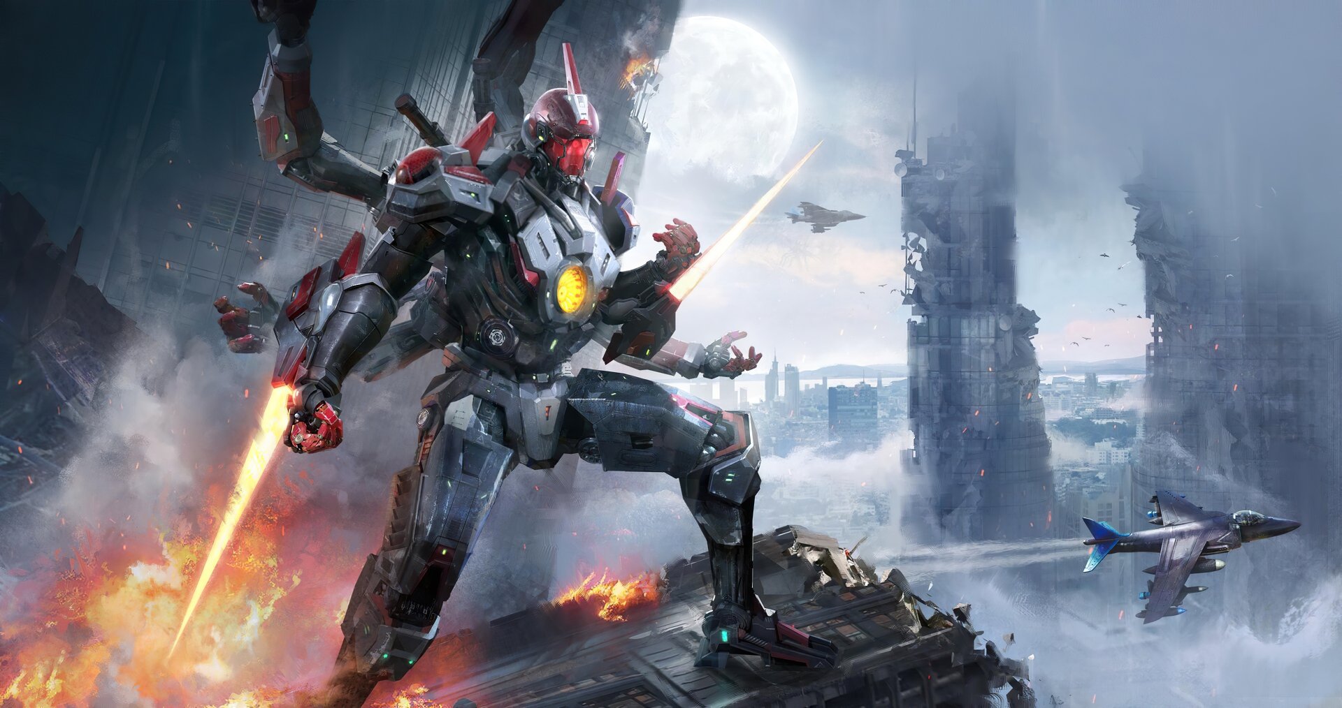 Futuristic sci-fi robot warrior on a burning rooftop, glowing core and energy blades, jets streaking past a ruined city beneath a full moon — HD PC desktop wallpaper/background.