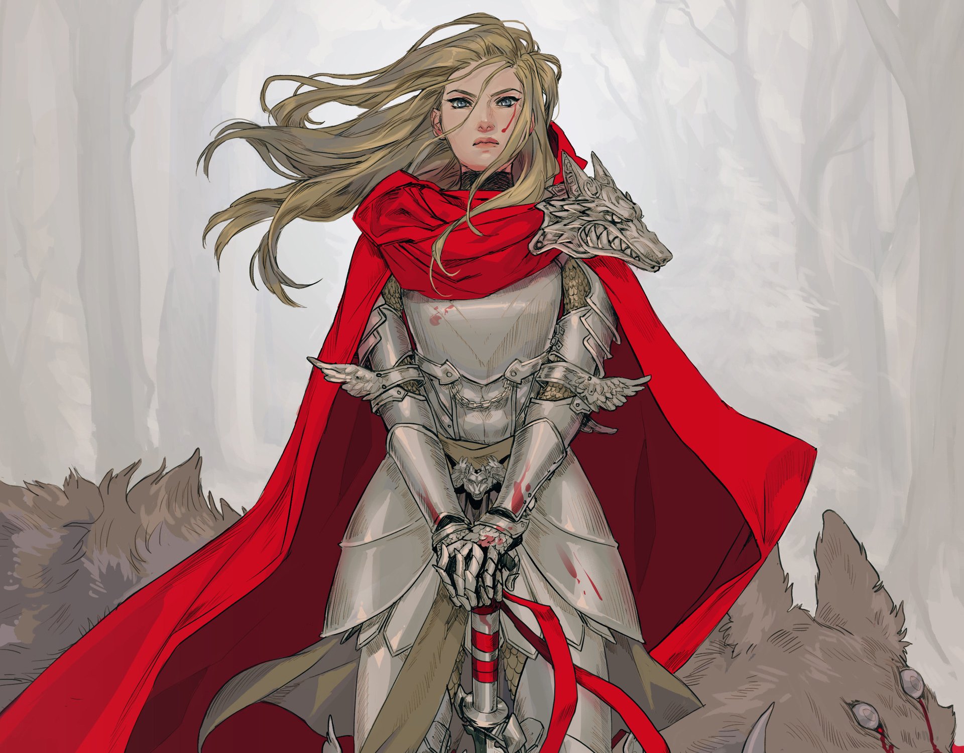 HD fantasy desktop wallpaper featuring a woman warrior knight in silver armor with a red cape, standing confidently in a misty forest background.