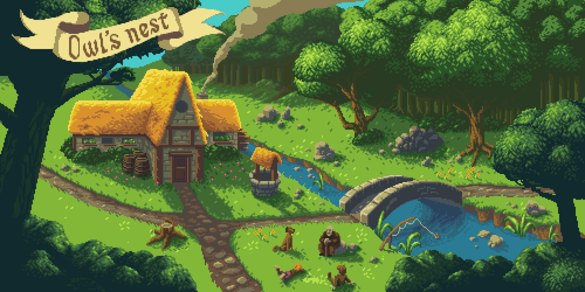 Artistic pixel art HD desktop wallpaper depicting a cozy thatched cottage beside a stream, with lush greenery, trees, animals, and a stone bridge under a sunny sky.