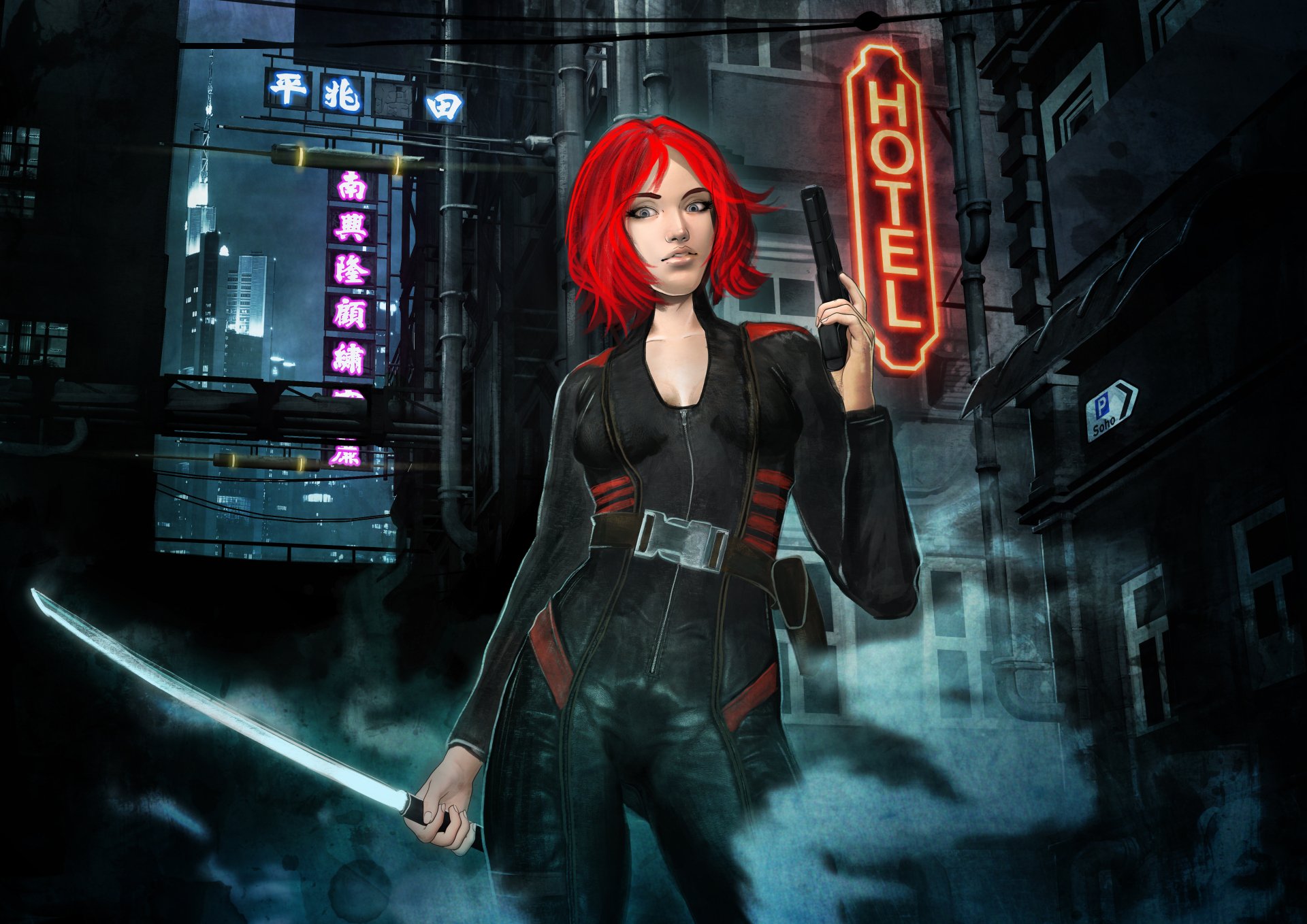 Download Futuristic Sword Short Hair Red Hair Woman Warrior Sci Fi ...