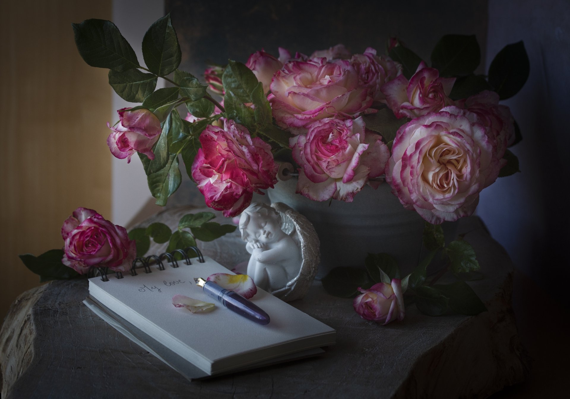 Download Cherub Notebook Flower Rose Angel Statue Photography Still Life 4k Ultra HD Wallpaper by keyouest