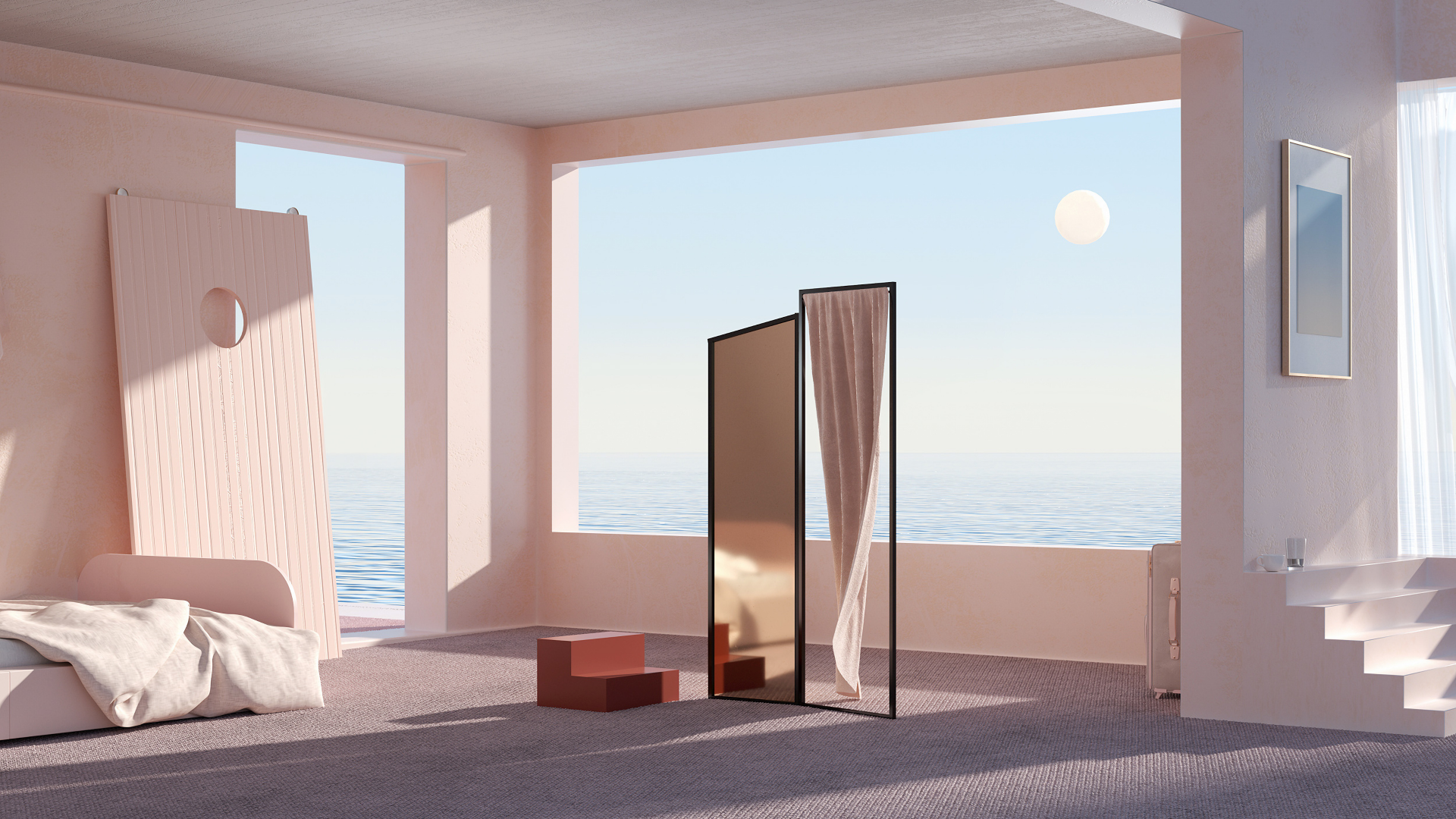 Artistic CGI 4K Ultra HD desktop wallpaper of a serene room with large windows, featuring a standing mirror reflecting soft natural light by the sea.