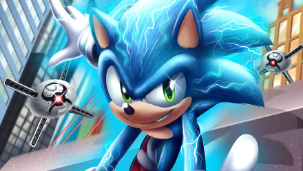 4K Ultra HD PC desktop wallpaper featuring Sonic the Hedgehog from the movie, surrounded by electric blue energy and urban cityscape elements.