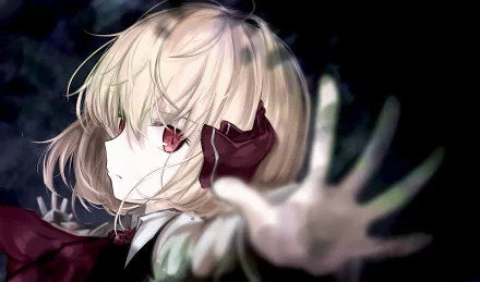 4K Ultra HD anime wallpaper featuring Rumia from Touhou, with detailed light blonde hair and striking red eyes against a dark, atmospheric background.