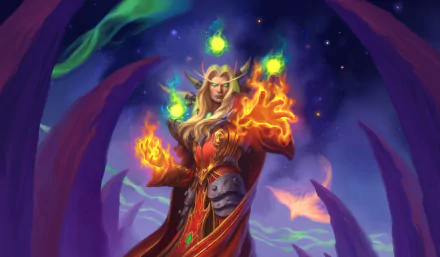 Kael'thas Sunstrider from the video game Hearthstone: Heroes of Warcraft, a fiery mage in ornate red robes casting green and orange flames amid purple arches — 2K Quad HD PC desktop wallpaper.