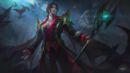 HD PC desktop wallpaper of a moonlit Mobile Legends: Bang Bang hero in red-black armor and flowing cape, surrounded by bats and holding a dark, ornate staff.