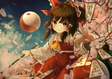 Reimu Hakurei (Touhou) anime shrine maiden in red, reaching out amid cherry blossoms and a yin-yang orb — 4K Ultra HD PC desktop wallpaper/background.