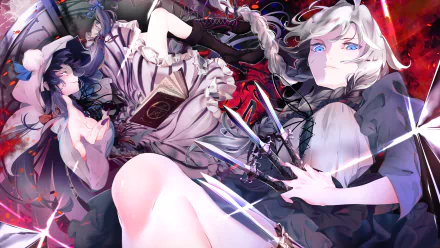 4K Ultra HD anime wallpaper featuring Sakuya Izayoi and Patchouli Knowledge from Touhou, showcasing dynamic poses and detailed character designs.