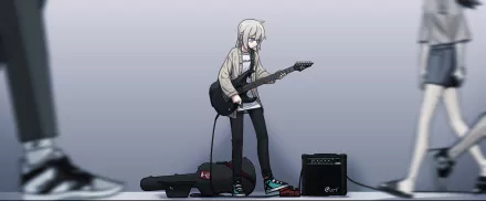 M200 (Girls Frontline) character from the video game Girls Frontline playing an electric guitar beside an amp and case; 2K Quad HD PC desktop wallpaper and background.