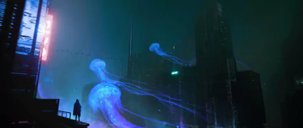 A cyberpunk cityscape at night with glowing giant jellyfish floating through the air, creating a sci-fi atmosphere in this HD PC desktop wallpaper.