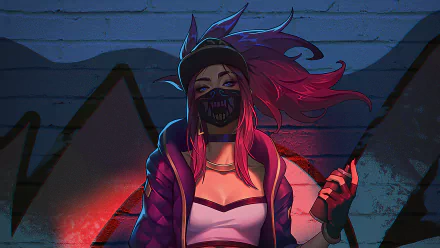 HD desktop wallpaper of Akali from K/DA in League of Legends, featuring vibrant artwork with her signature mask and pink hair against a graffiti-covered wall background.