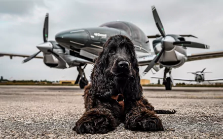4K Ultra HD PC desktop wallpaper of a black cocker spaniel dog (animal) lying on an airport tarmac in front of a twin-engine airplane under a cloudy sky.