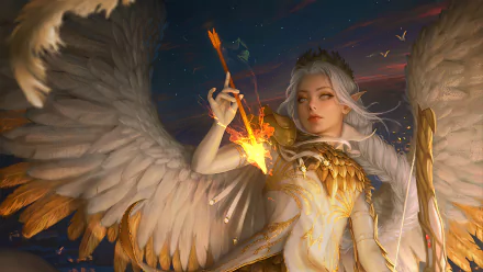HD desktop wallpaper of a fantasy angel warrior with white hair and a braid, holding a glowing arrow. The figure has large wings and is set against a vibrant background.