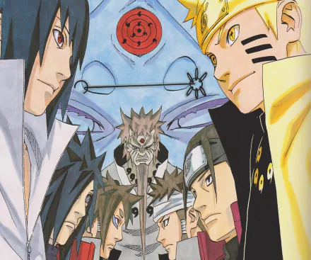 HD anime wallpaper featuring Naruto Uzumaki, Sasuke Uchiha, Ashura and Indra Ōtsutsuki, Hagoromo Ōtsutsuki, Madara Uchiha, Hashirama Senju, and Kaguya Ōtsutsuki in a dynamic face-off.