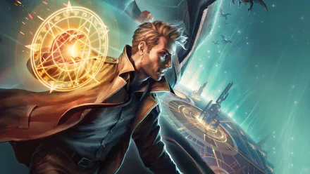 John Constantine in a trench coat casting glowing magic sigils over a ruined city — DC Comics movie art from Justice League Dark: Apokolips War, 4K Ultra HD PC wallpaper.