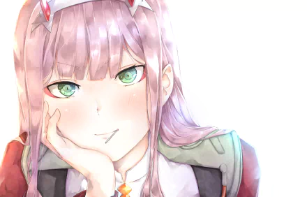 HD PC desktop wallpaper of Zero Two (Darling in the FranXX): anime close-up portrait with pink hair, mint-green eyes, soft smile, hand on cheek and bright white background.