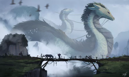 4K Ultra HD fantasy desktop wallpaper featuring a majestic Chinese dragon rising above misty cliffs with a wooden bridge and silhouetted figures in the foreground.