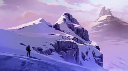 2K Quad HD PC desktop wallpaper: a lone traveler on a Snowy Mountain ridge gazes toward a distant fantasy castle beneath a violet-pink sky.