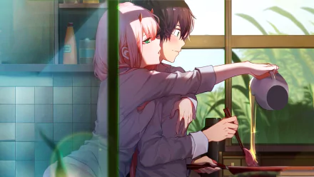 HD wallpaper of Zero Two with pink hair and green eyes, hugging Hiro from behind as he pours honey, from anime Darling in the FranXX.