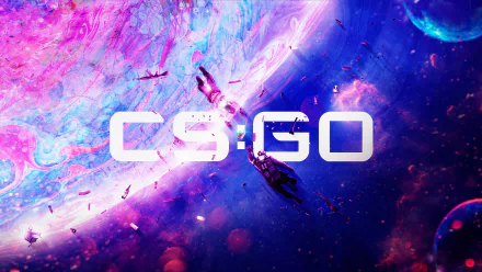4K Ultra HD PC desktop wallpaper featuring Counter-Strike: Global Offensive with CS:GO text over a vibrant, colorful space and planet background.