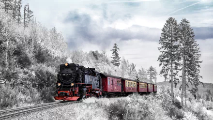 A steam train travels through a snowy winter landscape, surrounded by frosted trees under a cloudy sky, captured in stunning 4K Ultra HD detail.