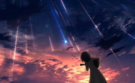 Anime-style HD desktop wallpaper featuring a silhouette of a girl watching a vivid sunset sky streaked with multiple shooting stars.