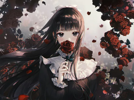 A gothic anime girl with long hair holds a rose close to her face, surrounded by floating red roses in a dark, detailed HD desktop wallpaper.