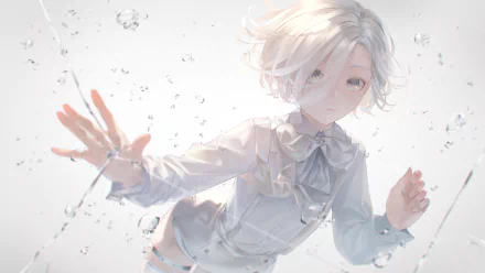 HD anime desktop wallpaper featuring an original character with short white hair in a white outfit, surrounded by water droplets against a light background.