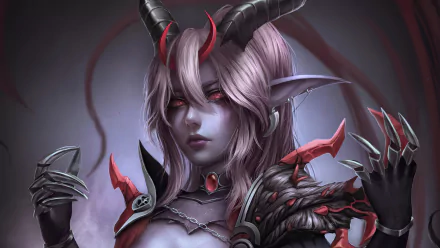 A 4K Ultra HD fantasy demon character with red eyes, pointed ears, blonde hair, and large black and red horns, featuring dark, intricate armor and clawed gauntlets.