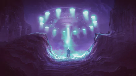 4K Ultra HD PC desktop wallpaper background: Sci‑Fi scene of a glowing UFO spaceship over a canyon, radiant beams abduct a lone figure in purple-blue light.