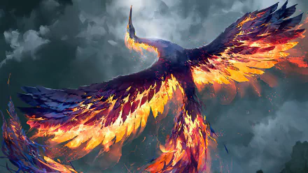 A fiery phoenix rises majestically against a stormy sky, rendered in stunning 4K Ultra HD for a vivid fantasy bird desktop wallpaper.