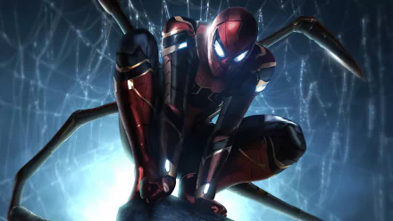 Peter Parker as Iron Spider in his advanced suit from Avengers: Infinity War, captured in a dynamic pose with glowing mechanical spider legs, in 4K Ultra HD resolution.