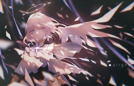 HD anime desktop wallpaper featuring a serene anime angel surrounded by glowing light and ethereal ribbons against a dark, atmospheric background.