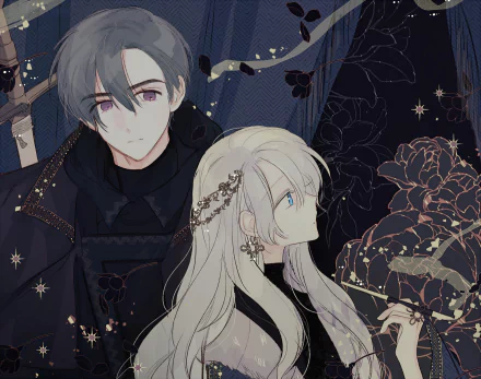HD anime original desktop wallpaper: two characters—dark-haired youth in a black cloak behind a pale, long-haired figure with a jeweled hairpiece, set against an ornate, starry floral nightscape.