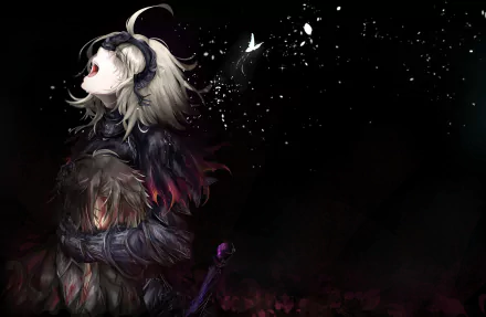 Anime-style Jeanne d'Arc Alter from Fate/Grand Order with flowing hair and dark attire, set against a starry background with a glowing butterfly, in 4K Ultra HD wallpaper quality.