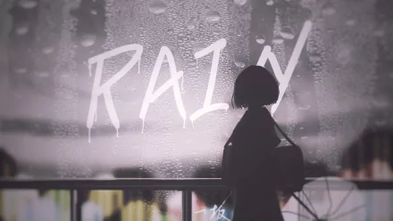 Anime original HD PC desktop wallpaper and background: silhouette of a girl with a bag at a rain-speckled window, blurred city lights beyond, the word RAIN smeared on the glass.